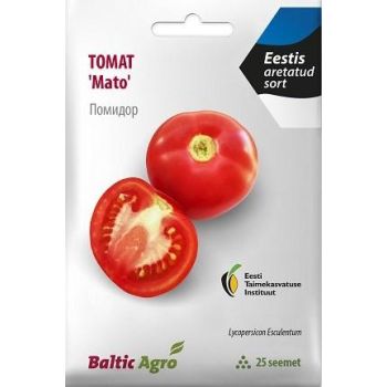 Valge seemnepakend, millel on kujutatud üks terve ja üks poolitatud punane tomat, ümmargune kuju, sile pind. Pakendil on tootja ja sordi nimetus ning teave seemnete koguse kohta.