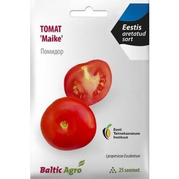 Pakendis on 25 'Maike' sordi tomati seemet. Pakendil on kujutatud punaseid tomateid ja lõigatud tomati pilte, märge 'Eestis aretatud sort' ning Balti Agro logo.