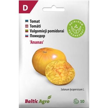 Kollaste ja oranžide vöötidega ümarate tomatite seemnepakk, millel on pildil üks tervik tomat ja üks viilutatud tomat ning pakendil on tekst ja Baltic Agro logo.