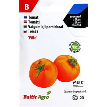 Pakend Baltic Agro 'Pille' tomatiseemned. Pakendil on kujutatud kaks punast küpset tomatit ning tooteinfo mitmes keeles.