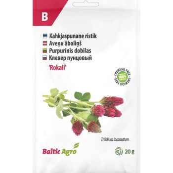 Pakendil on näha 'Baltic Agro' kahkjaspunase ristiku seemnete kott kaaluga 20 g, millel on toote pilt ja mitmekeelne tekst.