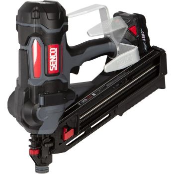 Must ja punane juhtmevaba naelapüstol, millel on ergonoomiline käepide, metallist küüntemagasin ja Senco logo küljel. Seade on varustatud päästiku ja naelte laadimisavaga.