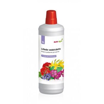 Valge plastpudel, millel on punane kork, sisaldab 1L vedelväetist lilledele. Pudelil on etiketil mitmevärvilised lilled ja toote nimi.