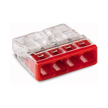 Läbipaistva korpusega nelja juhtmeavaga punane elektriklemm, valmistatud plastikust ja metallist kontaktidega.