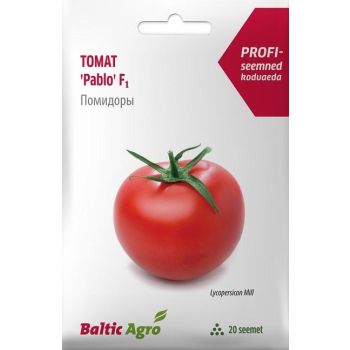 Pakk sisaldab 20 'Pablo F1' tomatiseemet. Toote pakendil on kujutatud üksik punane tomat roheliste lehtedega.