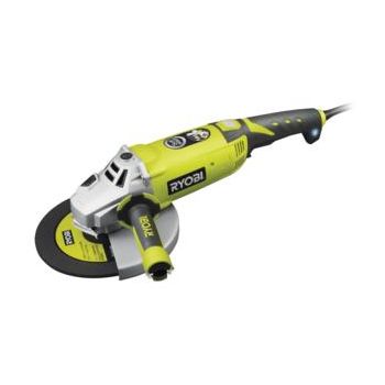 Elektriline Ryobi ketaslõikur on erkollase ja musta korpusega. Sellel on ümmargune lõikeketas, metallist pea ja külgkäepide, mis suurendab töökindlust.