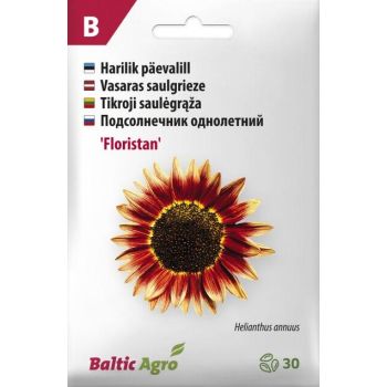 Pakendil on kujutatud punase ja oranži varjundiga päevalilleõis. Pealkiri ja tekst erinevates keeltes teavitavad, et sees on 'Floristan' üheaastaste päevalillede seemned.