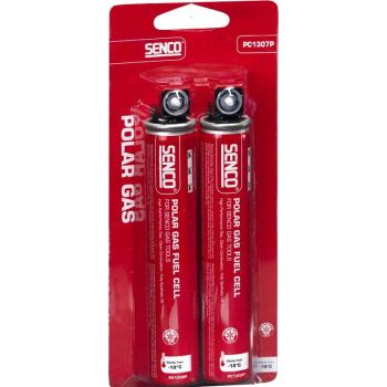 Kaks punast silindrikujulist Senco Polar gaasipadrunit läbipaistvas plastpakendis, metallist ülaosaga ja ventiiliga, igaüks 40 g, mõeldud naelapüstolile.