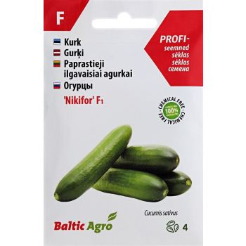 Köögiviljaseemned 'Nikifor F1', pikad kurgid, 100% looduslikud, Baltic Agro bränd, pakis on 4 seemet.
