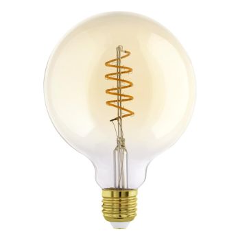 Ümmargune, läbipaistev LED-lamp kuldse keermega sokliga, spiraalina paigutatud hõõgniidiga, toonitud merevaigukollasest klaasist, suure G125 kujuga, E27 alusega.
