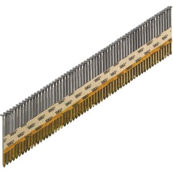 Pildil on korrapärases reas võrku ühendatud metallist sileda pinnaga karkassinaelad, millel on kollaka tooniga ühenduslint. Naelad on hõbedased, terava otsaga ja ühtlase pikkusega.