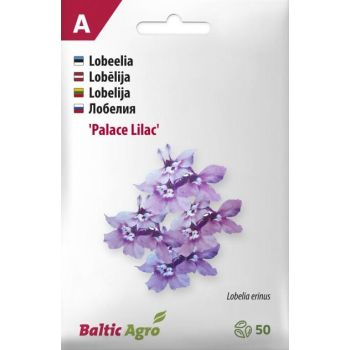 Lobeelia 'Palace Lilac' seemnepakendil on kujutatud lillakasvioletseid õisi. Pakendil on kaubamärk Baltic Agro ja seemnete arvu sümbol, mis näitab 50 seemet.