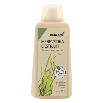 Baltic Agro 1-liitrine tumepruun plastpudel merevetikaekstraktiga, millel on roheline silt ja bio-märgis.