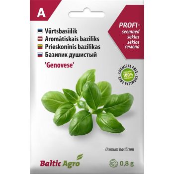 Pakisildid 'Baltic Agro' Genovese basiilikuseemned, pakend 0,8 g. Esiküljel on kujutatud värskete basiilikulehtede pilt.
