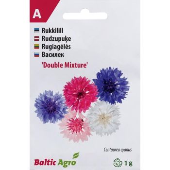 Rukkilille seemnepakend, millel on pilt erinevat värvi õitest: sinised, roosad ja valged, koos pakendi kaubamärgi ja teabega esiküljel.