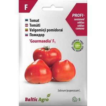 Valgel pakendil on kolm suurt punast tomatit, millel on läikiv pind ja rohelised varreotsad. Pakendil on kiri 'Gourmandia' F1 ja Baltic Agro logo ning vasakul servas nimetused mitmes keeles.