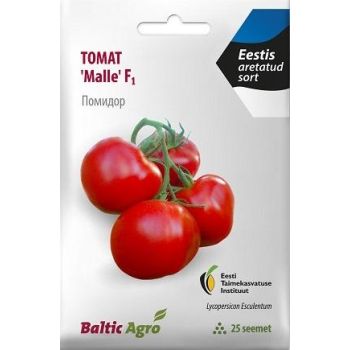 Pakk sisaldab 'Malle' F1 tomatiseemneid. Taimedel on punased tomatid roheliste varte otsas. Pakendil on toote nimi ja seemnete kogus (25 seemet).