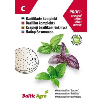 Pildil on pakendis kolme tüüpi basiiliku seemnekettad: rohelise, punase ja sidrunbasiiliku omad. Näha on nii lehed kui ka seemnekettad. Pakendil on Baltic Agro logo ning teave sortide kohta.