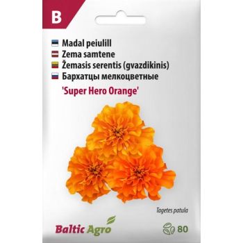 Pakendis on 'Super Hero Orange' peiulille seemned, millel on erksavärvilised oranžid õied. Pakendil on kaubamärk Baltic Agro ja seemnete kogus on 80.