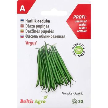 Pakend on kujundatud valgete ja punaste toonidega, sisaldades 'Baltic Agro' logo, taimeliigi kirjeldust 'Harilik aeduba' ning rohelistest ubadest fotot. Pakendil on märgitud, et sees on 30 seemet.