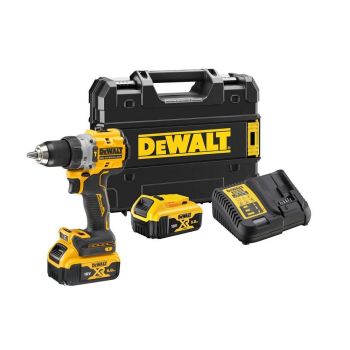 Pildil on kollane-must DeWalt akulööktrell koos kahe aku, laadija ja musta kandekohvriga, millel on kollane DeWalt logo. Tööriist on kompaktne ning vastupidava korpusega.