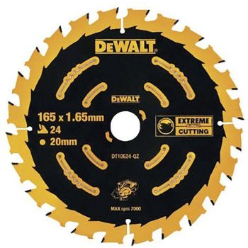 Ümmargune DeWalt saeleht musta ja kollase kujundusega, läbimõõduga 165 mm, 24 hambaga, keskavaga 20 mm. Hambad serval on ühtlaselt paigutatud, tehnilised andmed on plaadil märgitud.