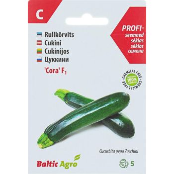Pakendis on 'Cora F1' rullkõrvitsa seemned. Pakendil on kujutatud rullkõrvitsa pilt ja 'Baltic Agro' logo. Pakendil on tekst eri keeltes, sealhulgas eesti keeles.