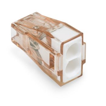 Kahe auguga läbipaistva pruunika korpusega elektriline klemmliist, mille sees on valged sisemised ühenduskohad, sobib kahe elektrijuhtme ühendamiseks.