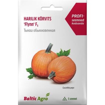 Pakendis on kaks suurt oranži kõrvitsat, millel on rohelised varred ja tekst 'Harilik kõrvits „Flynn“ F1'.