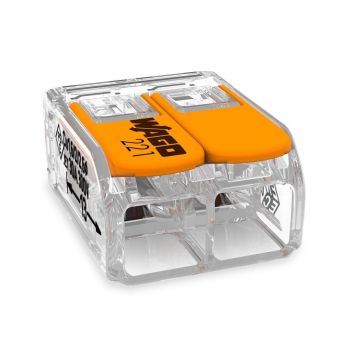 Läbipaistva plastkorpusega universaalklemm, millel on kaks oranži kraaniga, on näha kahe juhtme ühenduskohad ning sellel on mustad kirjad ja märgised.