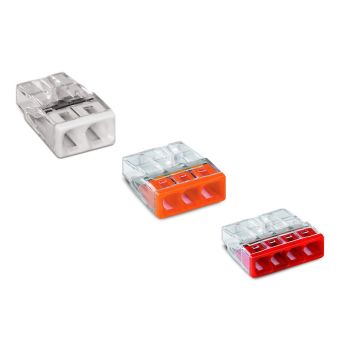 Pildil on kolm eri värvi Wago ühendusklemmid: valge, oranž ja punane. Igal klemmi on läbipaistev kate ja kolm juhtmepesa. Klemmid on risttahukakujulised.