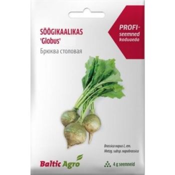 Pakendatud toode, mis sisaldab 4 grammi 'Globuse' söögikaalika seemneid. Pakendil on kujutatud kolm söögikaalikat roheliste lehtedega.