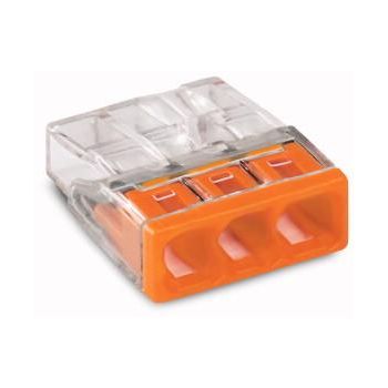 Läbipaistva korpusega elektriline klemm, mille esiküljel on kolm oranži ava ja ühenduskohta, sobib kolmele juhtmele. Kompaktne ruudukujuline disain, valmistatud plastikust.