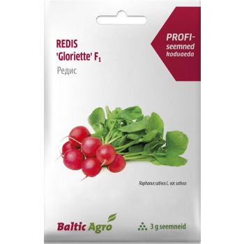 'Gloriette F1' punaste redise seemnete pakend, millel on kujutatud terveid rediseid koos lehtedega. Pakendi suurus on 3 grammi.