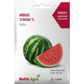 Seemnete pakend 'Crimstar' arbuus, Baltic Agro brändilt, sisaldab pilti tervest ja lõigatud arbuusist, mis näitab selle punast viljaliha ja musti seemneid.
