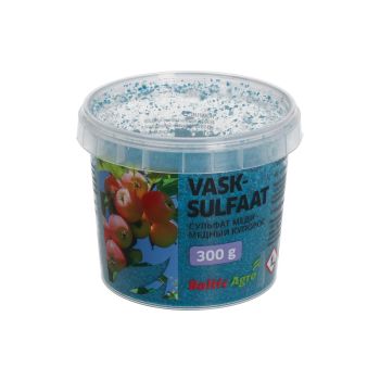 Sinine plastikpurk, millel on etikett marjakujundusega ja tekstiga 'Vase sulfaat 300 g'. Purk sisaldab valgeid kristalle.