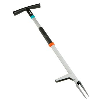 108 cm pikkune Gardena umbrohujuurija, millel on hõbedane varras, must käepide ja sinised detailid. Käepideme otsas on T-kujuline haare.