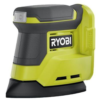 Kollane ja must, kolmnurkse põhjaga akulihvmasin, millel on RYOBI logo küljel, ergonoomiline käepide ja kompaktne disain.