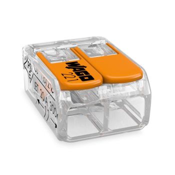 Läbipaistev plastikust elektriline klemm kahe oranži kraaniga, mille küljel on märgistused ja avanemisavad juhtmete sisestamiseks.