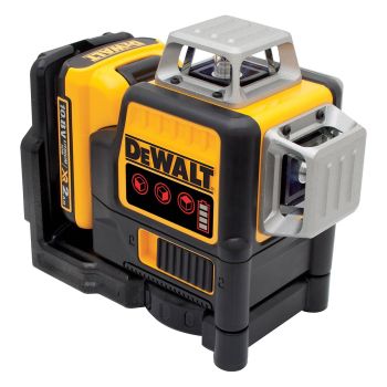 Kollane ja must ristjoonlaser, millel on metallist tugevdatud nurgad ning kolm punast laserkiirt. Seadmel on nähtavad nupud ja aku, plastikust korpus ning Dewalt logo esiküljel.