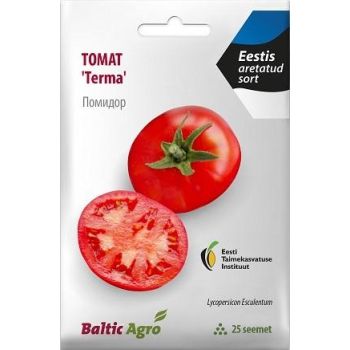 Tomati 'Terma' seemnepakend sisaldab 25 seemet. Toode on Eestis aretatud sort ja esitluskaardil on näidatud terve ning lõigatud tomati pildid.