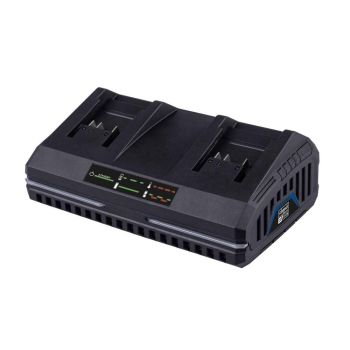 Must kahe pesaga kiirlaadija, millel on esi- ja küljeventilatsiooniavad ning juhtpaneel esitahvlil. Seade on kompaktse ristkülikukujulise disainiga ning sobib kahe aku samaaegseks laadimiseks.