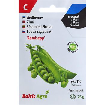 Herneste 'Aamisepp' seemnepakend, kaubamärk Baltic Agro, 25g. Pakendil on herneste pildid ja mitmekeelne tekst.