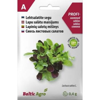 Pakend sisaldab rohelise ja tumepunase lehtsalati seemnete segu, kaaluga 0,4 grammi, kaubamärgiga Baltic Agro.