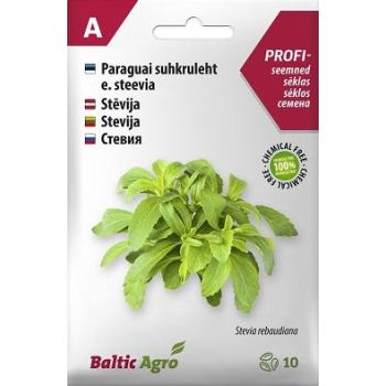 Pakendil on kujutatud suhkrulehe (Stevia rebaudiana) seemnepakki, millel on roheline suhkrulehe pilt ning tekst, mis annab teavet 10 stevia seemne kohta.