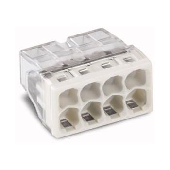 Hallist plastmassist Wago klemmliist, kaheksa auguga. Igas avas on metallist ühendusklemm, mõeldud elektrijuhtmete ühendamiseks, ruudukujuline korpus läbipaistva kaanega.