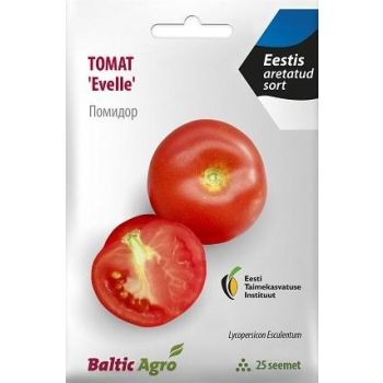 Pakendil on kujutatud kahte punast tomatit: üks terve ja teine poolitatud, et näidata sisemust. Pakendil on tekstid "Tomat 'Evelle'" ja "25 seemet".
