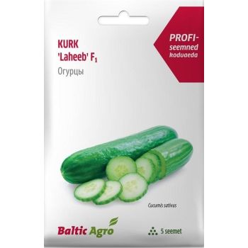 Poolpikk kasvuhoonekurk 'Laheeb' F1 seemnepakend, mis sisaldab 5 seemet. Pakendil on kujutatud roheliste kurkide ja viilutatud kurkide pilte. Toote bränd on Baltic Agro.