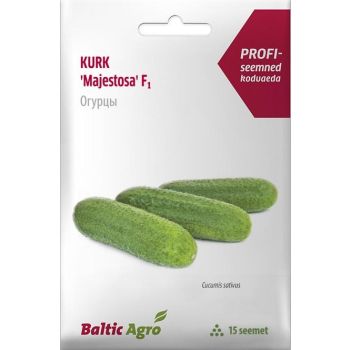 Kurgiseemnete pakend, mudel 'Majestosa' F1, sisaldab 15 seemet. Pakendi kujundusel on kujutatud kolm rohelist kurki ning peal on toote nimi ja kaubamärk Baltic Agro.