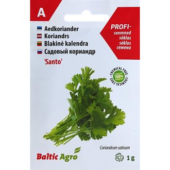 Pakendil on koriandri kujutis ja tekst: 'Aedkoriander', 'Koriander', 'Blaķinē kalendra', 'Садовый кориандр Santo', Baltic Agro logo ning teave, et see sisaldab 1 g seemneid.